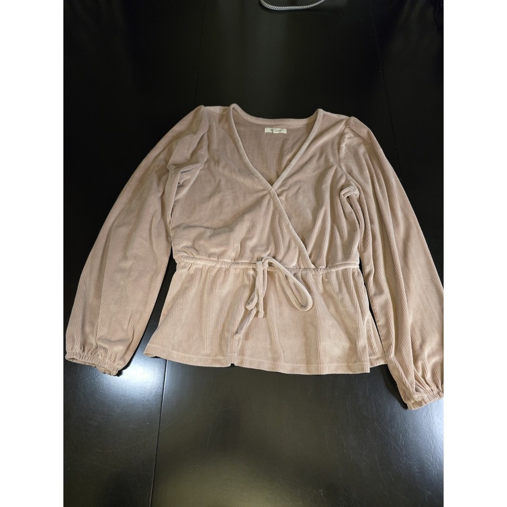 Madewell Velvet Corduroy Ribbed Wrap Top Small Mauve Pink Peplum Long Sleeve...